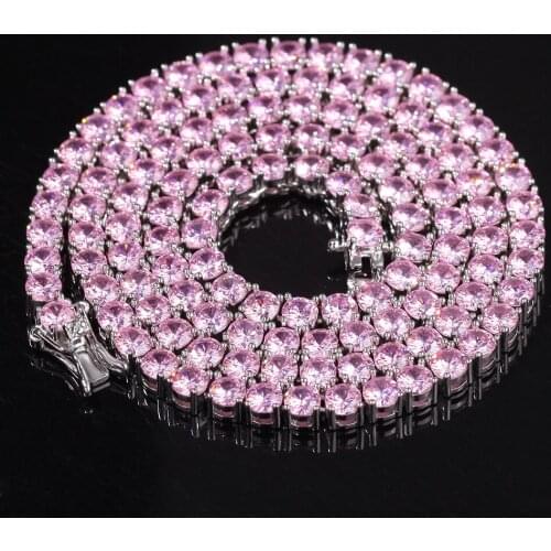 Pink Stone 4mm Tennis Chain Gold Silver Color Hip Hop Iced Out AAA CZ Chain Chocker Statement Necklace Charm Gift for Men Women