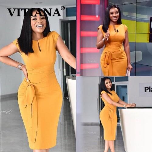 VITIANA Women Yellow Sexy Pencil Dress Summer 2020 Female Short Sleeve Office OL Dresses Femme Slim Casual Vestidos With Belt