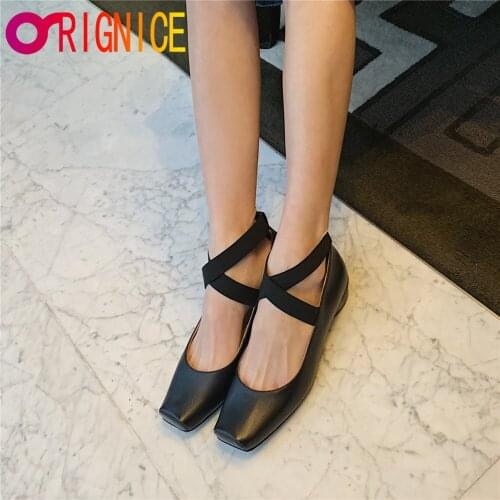 Orignice 2021 Women Genuine Leather Casual Sandals Peep Toe Shallow Rhinestone Square Heels Pumps Summer Prom Dancing Shoes