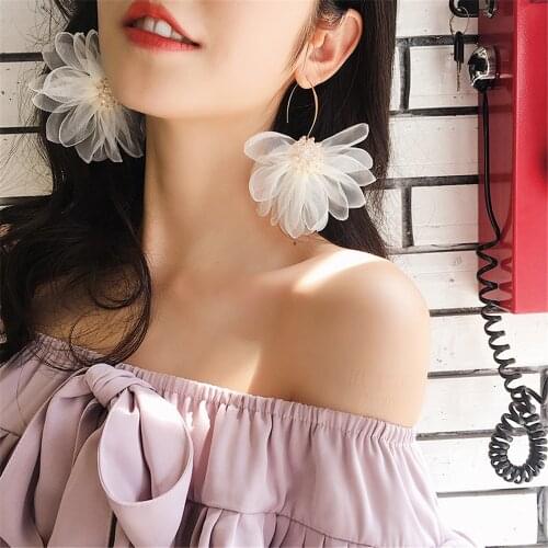 Temperament gauze big flower earrings for women trendy korean flower drop earrings senior jewelry best gift for girls
