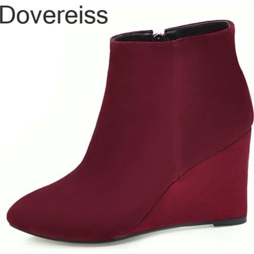 Winter Woman New Fashion Sexy Consice Shoes Zipper Pure Color Gray Burgundy High Heels Wedges Ankle Boots Big Size 42 43