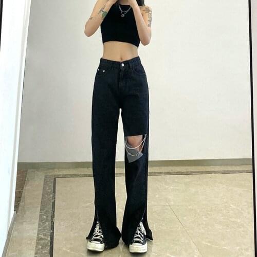 Female Ripped Jeans High Waist Hollow Out Trousers Pants with Chain for Spring Summer Fall, Black, S/M/L