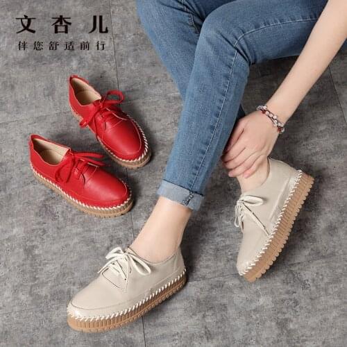 Womens Vulcanize Shoes Lace Up Casual Shoes Color stitching Thick bottom Genuine Leather women flats Footwear Walking Shoes