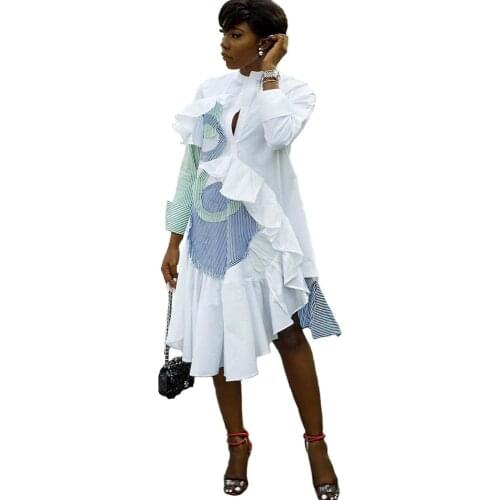 Striped Ruffle Patchwork White Shirt Dress Women Spring Long Sleeve Buttons Knee-length Midi Dress Irregular Loose Casual Dress