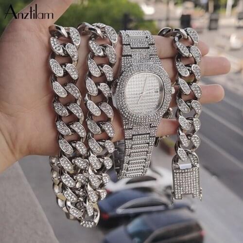 Bling Cuban Chain Watch Set Necklace & Watch & Bracelet Hip Hop Gold Iced Out Paved Rhinestones For Men Hip Hop Jewelry