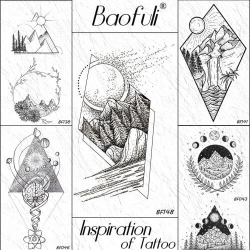 Baofuli Diamond Mountain Sun Waterproof Temporary Tattoo Black Fake Tattoos Geometric Body Art Tatto Moon Planet Women Men Arm