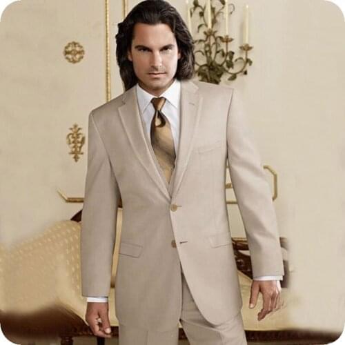Beige Wedding Men Suits 2019 Slim Fit Groom Wear Tuxedos 3 Pieces (Jacket+Pants+Vest) Prom Business Suits Costume Homme Blazer