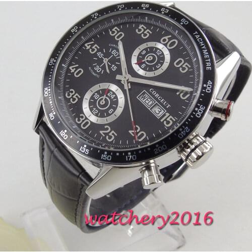 44mm Corgeut Black Dial Top Brand Luxury Stainless steel Case Leather strap Date Automatic movement mens Watch