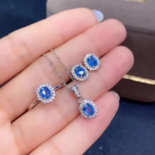 Super High Quality Sapphire Set Natural And Real Sapphire Jewelry Set 925 Sterling Silver 1pc Ring,1pc Pendant,2pcs Earring