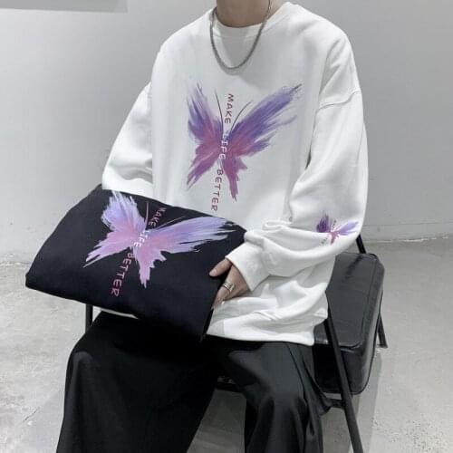 2021 Men Crewneck Oversized Sweatshirt Japanese Streetwear Large Butterfly Print Casual Pullover Hoodie Plus Size Autumn Clothes
