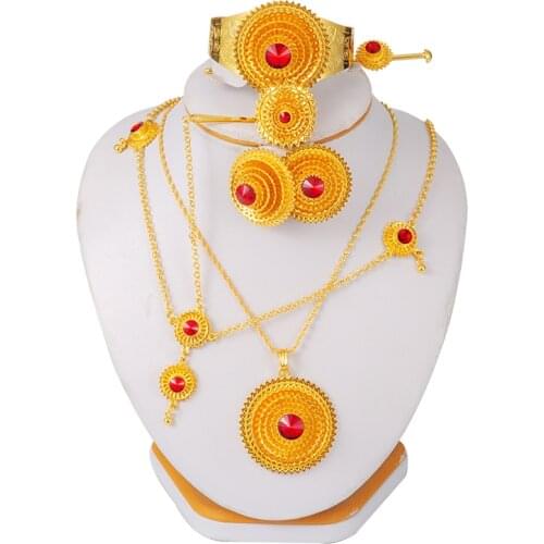 6pcs/lot Ethiopian jewelry sets for Women Gold Dubai Habesha Hairpin Head chain African bridal wedding Gift collares