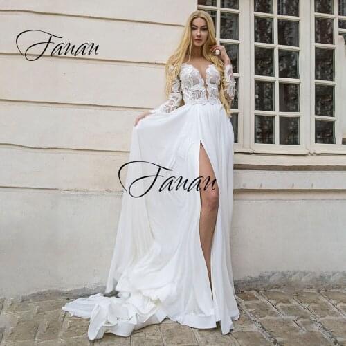 New Sexy Deep V-Neck Long Sleeve Wedding Dress Front High Split A-Line Backless Lace Appliques Bridal Gown Свадебное платье