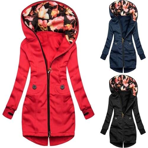 Casual Womens Hoodie Long-Sleeved Pocket Zipper Sweatshirt Solid Color Zip-Up Hooded Jacket Slim Ladies Long Coat