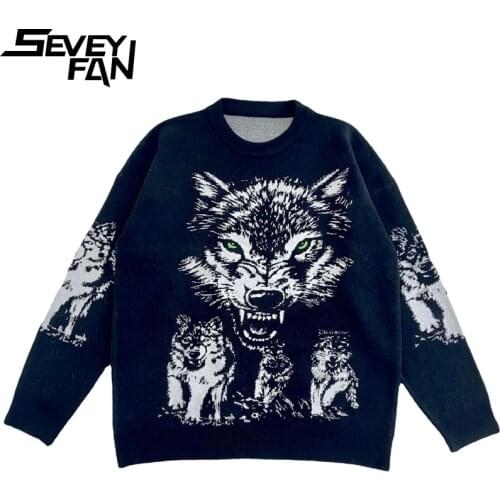 SEVEYFAN Mens Fashion Cartoon Wolf Jacquard Sweater Hip Hop Oversize Knitwear New Pullover Sweaters for Couples