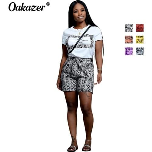 Oakazer Tracksuit Women 2 Piece Sets Letter Print Short Sleeve+Leopard Shorts Female Casual Short Suits Outfit Clothing Summer