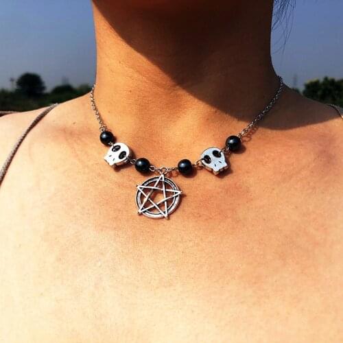 Glow-in-the-dark Halloween Skull Choker Mysterious Pagan Gothic Pentagram Necklace Women Charm Pendant Accessories