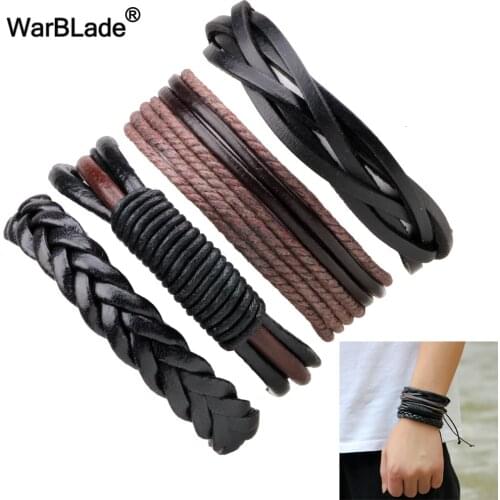 WarBLade Vintage Genuine Leather Bracelets Punk Multilayer Bracelet Bangle Male Wrap Wristband For Men Women Jewelry 4pcs/Set