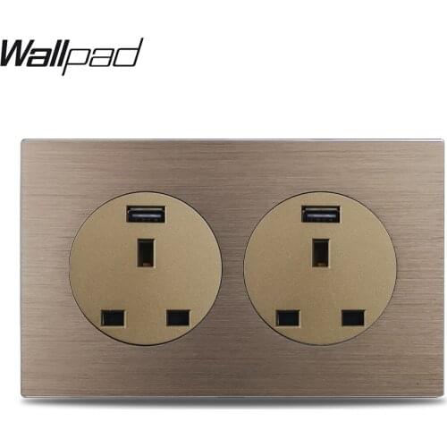 Wallpad L6 Double 13A UK Wall Socket 2x2.1A USB Charge Port Electrical Power Outlet Brown Brushed Aluminum Panel 146 * 86mm