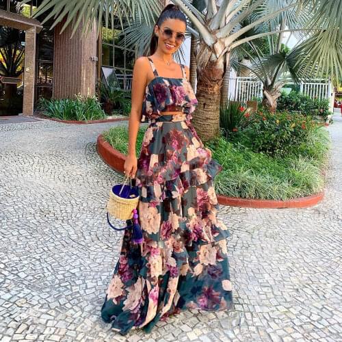 2021 Women Summer Boho Beach Two Piece Set Crop Top Floral Print Layered Cascading Ruffle Sleeveless High Waist Maxi Dresses