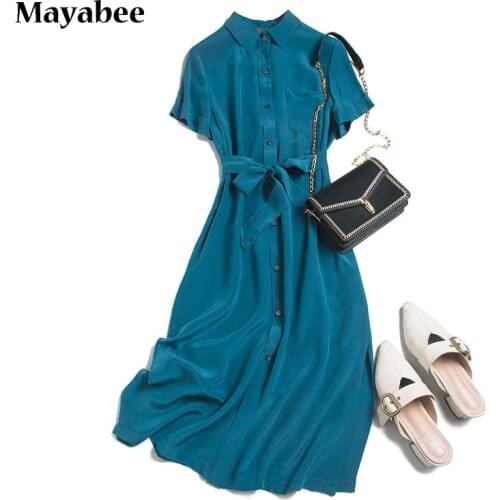 Temperament High Quality Slim Night Sky Blue Button Commuter Mulberry Silk Dress Spring Summer 2021 Ladies Fashion