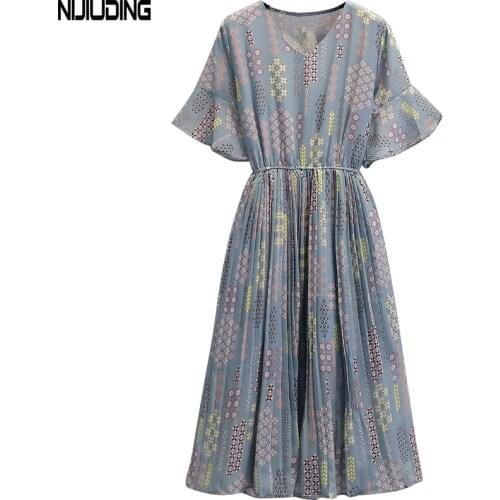 Women Floral Chiffon Dress With Lining 2021 Autumn Winter Short Sleeve Female V-Neck Pleated Dress Mujer Vestidos Plus Size 4XL