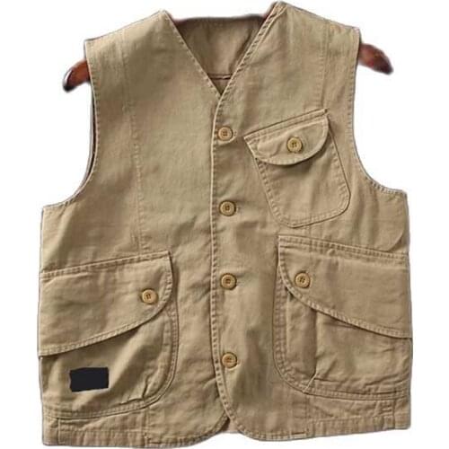 Retro Cotton Vest Men Casual Waistcoat with Multi Pocket Man Clothes
