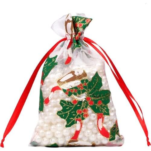 10Pcs Bronzing Organza Storage Bags Christmas Candy Gift Packing Pouches XMAS Tree Hanging Decor Wedding Party Drawable Bags