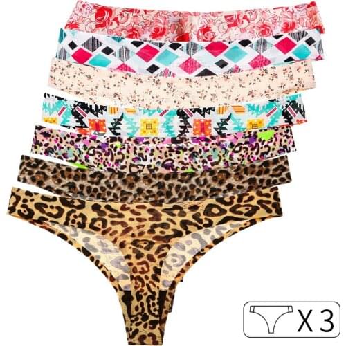 3Pcs Women Sexy Thong Leopard Panties Seamless G String Underwear Ice Silk T Back Girls Briefs Size M-XXL