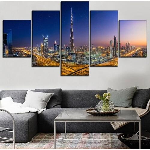 5 Panel Print Poster Urban Night Scene Painting Wall Art Dubai City Canvas Picture Home Decoration For Living Room Bedroom Mural