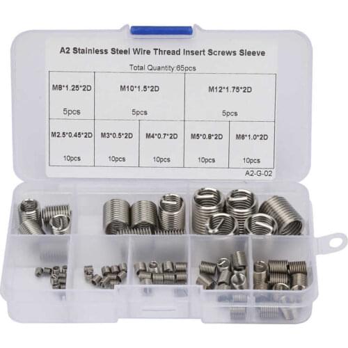 65x M2.5-M12 Coiled Wire Thread Insert Stainless Steel Thread Screws Sleeve Set