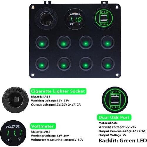8 Gang 12-24V Toggle Switch Panel Dual USB Charger Car Push Button Circuit Breaker For Car RV Truck ATV UTV Camper Caravan