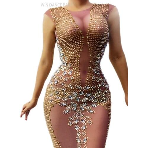 Sparkly Womens Birthday Mesh Outfit Dancer Wear Gold Rhinestones Transparent Long Dress Bar Prom Evening Dress