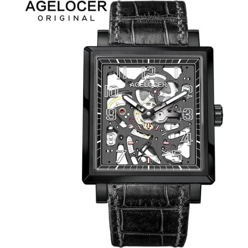 Agelocer Top Brand Luxury All Black Luminous Automatic Watch Men Skeleton Power Reserve Wrist Watches 3501J1