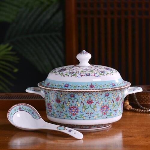 Jingdezhen large soup bowl ceramic ware large soup bowl double ears with cover household large capacity soup basin rich