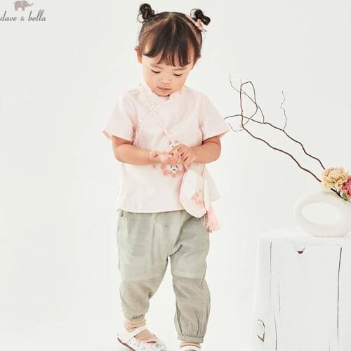 DBM17254 dave bella summer baby girls Chiese style cartoon clothing sets kids cute sets children with a small bag 3 pcs suit