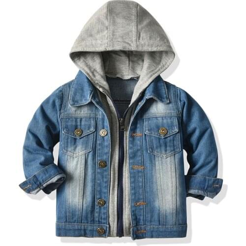Faux Two Piece Denim Jackets Coats Children Autumn Outwear Coats with Hat 2021 Hoodies Jackets Kids Denim Cloting