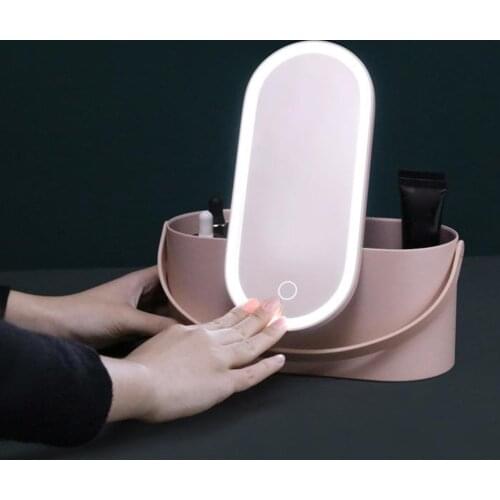 Travel Makeup Tools Cosmetics Organizer With LED Lights Makeup Mirror Creative 2 In 1 Portable Makeup Storage Box Case