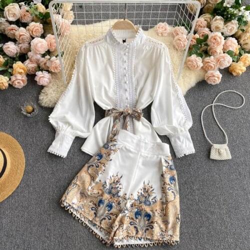 Amolapha Women Fashion Short Pant Clothes Sets Puff Sleeve OL Shirt+Printed Wide Leg Mini Trousers Suits Plus Size Outfit