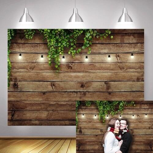 Brown Wooden Floor Photography Backdrop for Lovers Green Leaves Wedding Party Selfie Background Bridal Shower Photo Shoot