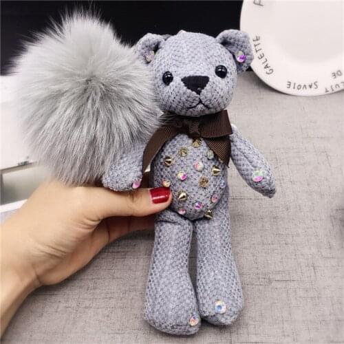 Pretty Animal Cartoon Doll Bow Bear Keychain Bear Women Bag Charm Key Holder 8cm Rex Fox Fur Pom Pom Keychain Fluffy Fur Ball