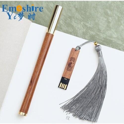 Creative Ballpoint Pen Redwood USB Flash Drives with Roller Ball Pen Holder Hollow Ancient Gift Customized Lettering P384