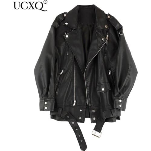 UCXQ Woman PU Leather Jacket Black Solid With Sashes Long Sleeve Lapel Oversized Casual Biker Style 2021 New Autumn Tide 23XM497