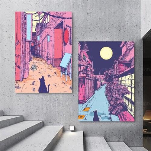 Modular Street Landscape Canvas Painting HD Prints Wall Art Cat Poster Modern Home Decoration For Living Room Pictures Framework