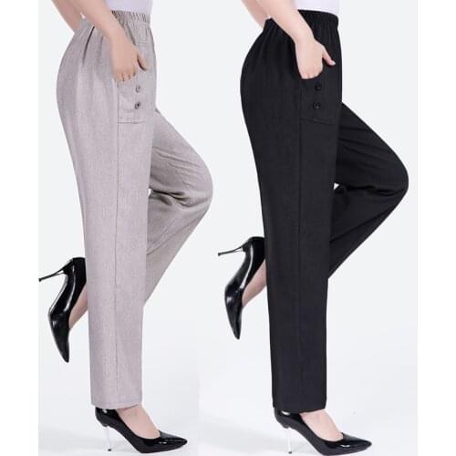 2021 New Plus Size 5XL Trousers Summer Elastic High Waist Middle-aged Elderly Casual Pants Cotton Linen Straight Pants Female
