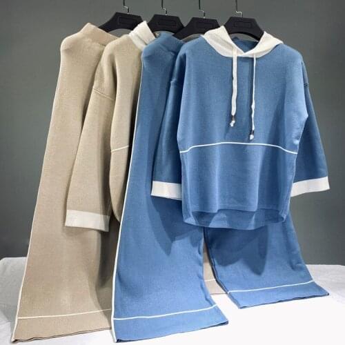 New 2021 Ladies hooded harajuku Two piece set female wide leg pants casual sweater top S7805