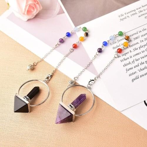 Natural Stone Crystal 7 Chakra Pendulum Fashion Hexagonal Prism Pyramid Pendant Crystal Chain Wicca For Men Women Jewelry gift