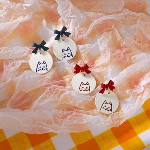 QiLuxy Korean Cute Round Cat Bowknot Drop Earrings for Women Girl Fashion Vintage Metal Dangle Earrings Party Jewelry Gifts