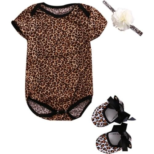 0-12M Pretty Flower Cute Shoes Bow Cotton Summer Tops Newborn Baby Girl Leopard Floral Printed Bodysuit+Shoes+Hairband 3Pcs Set