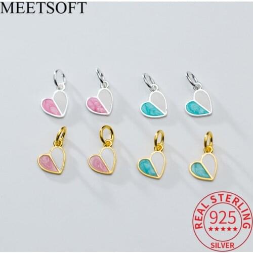 MEETSOFT Romantic 925 Sterling Silver Colorful Heart Charms DIY Handmade Fine Jewelry Necklace Deocration Bracelet Accessory
