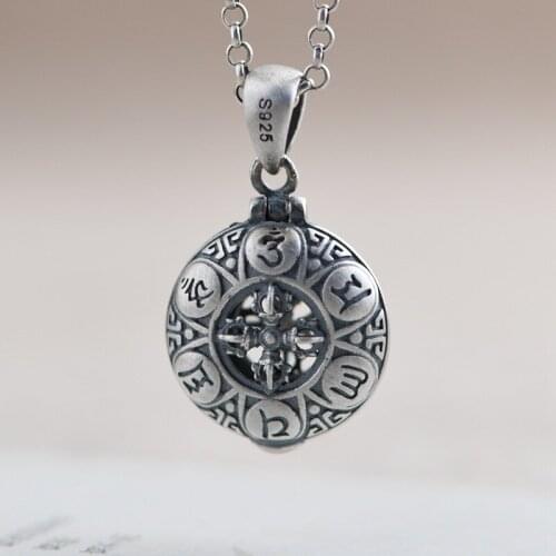 S925 Sterling Silver Retro Six-character Mantra Cross Vajra Hollow Sachet Pendant Thai Silver Round Box Jewelry Female Pendant